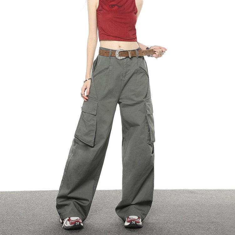 Multi Pocket Loose Casual Straight Wide Leg Pants - Nioor