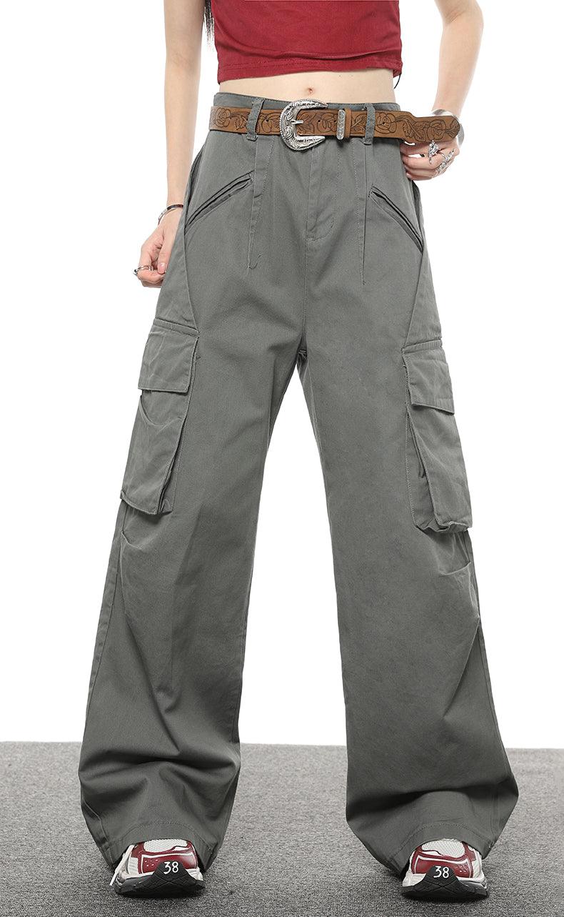 Multi Pocket Loose Casual Straight Wide Leg Pants - Nioor