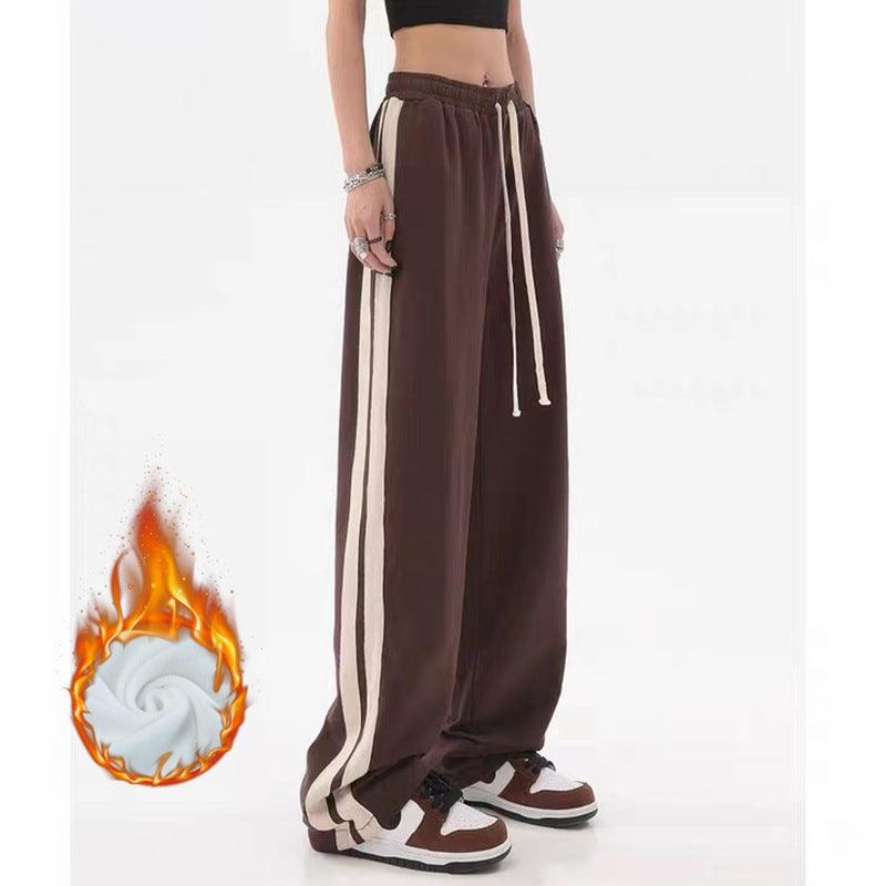 Brown American Retro Casual Pants Women's High Street Drawstring Velvet Padded Loose - Nioor