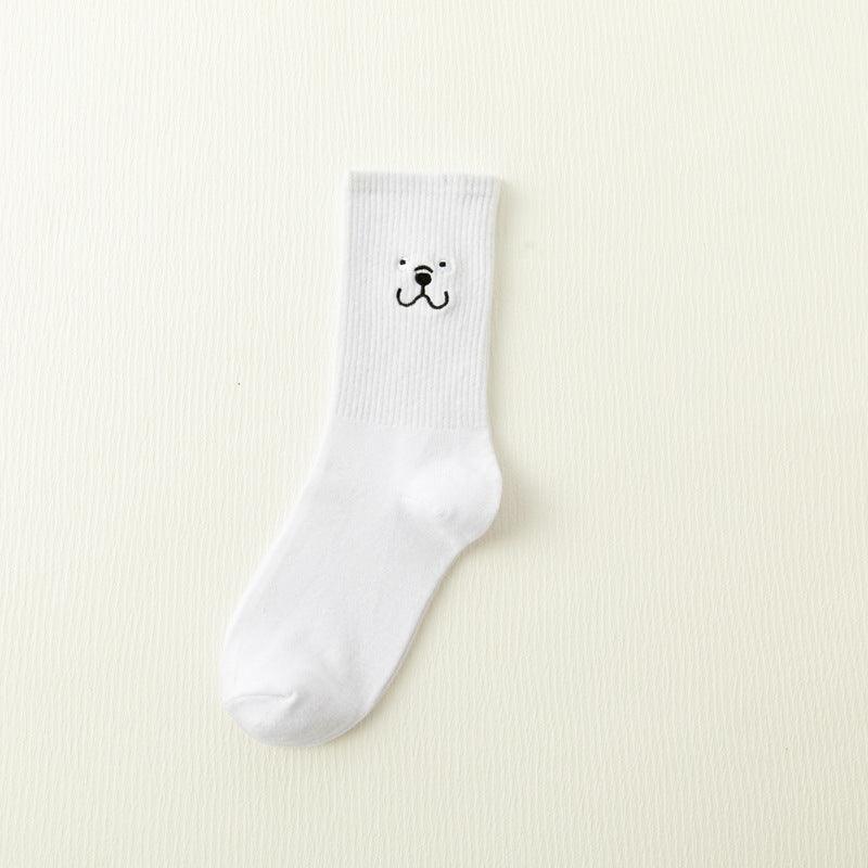 White Japanese Cartoon Embroidery Tube Socks - Nioor