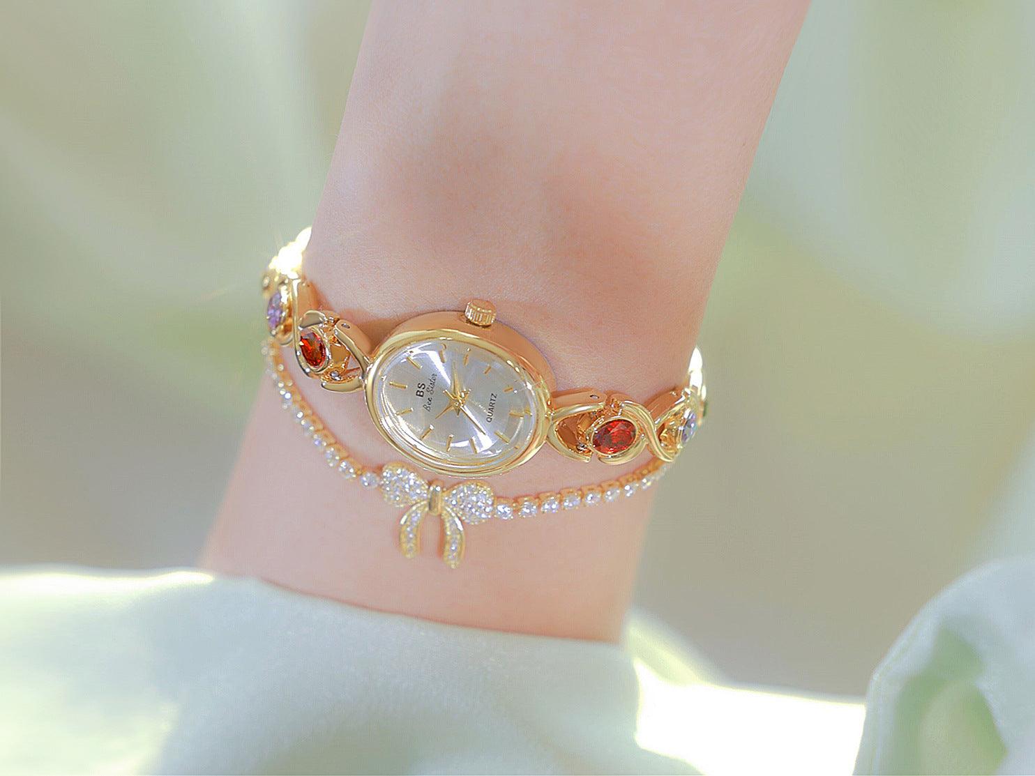 Mid-ancient Fashion Oval Colored Gems Rainbow Light Luxury Watch - Nioor