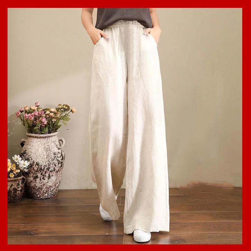 Pure Linen Plus Size Wide Leg Pants Women Drawstring Elastic - Nioor