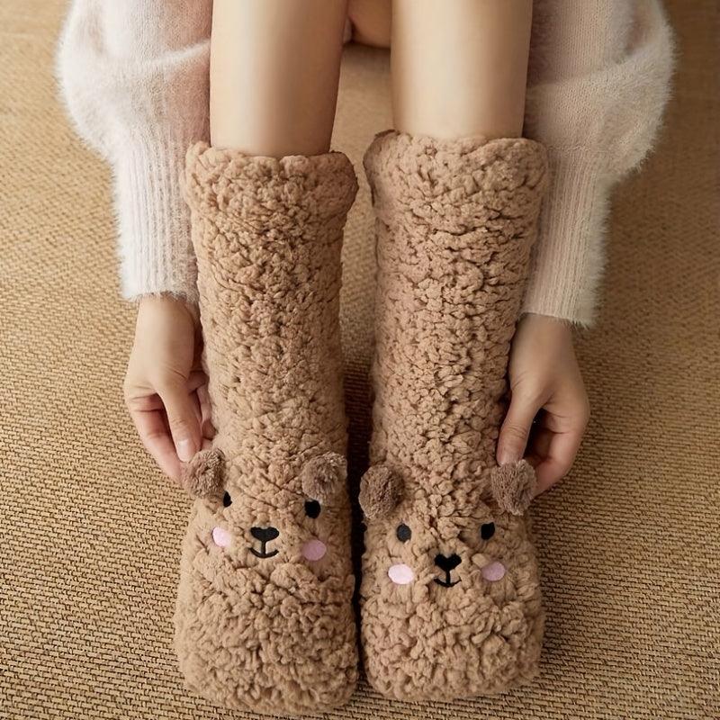 Cute Cartoon Bear Fuzzy Socks For Women, Comfortable Winter Soft Warm Slipper Socks, Casual Sleep Socks For Indoor Women's Fuzzy Socks Winter Warm Fluffy Soft Slipper Home Sleeping Cute Animal Socks - Nioor