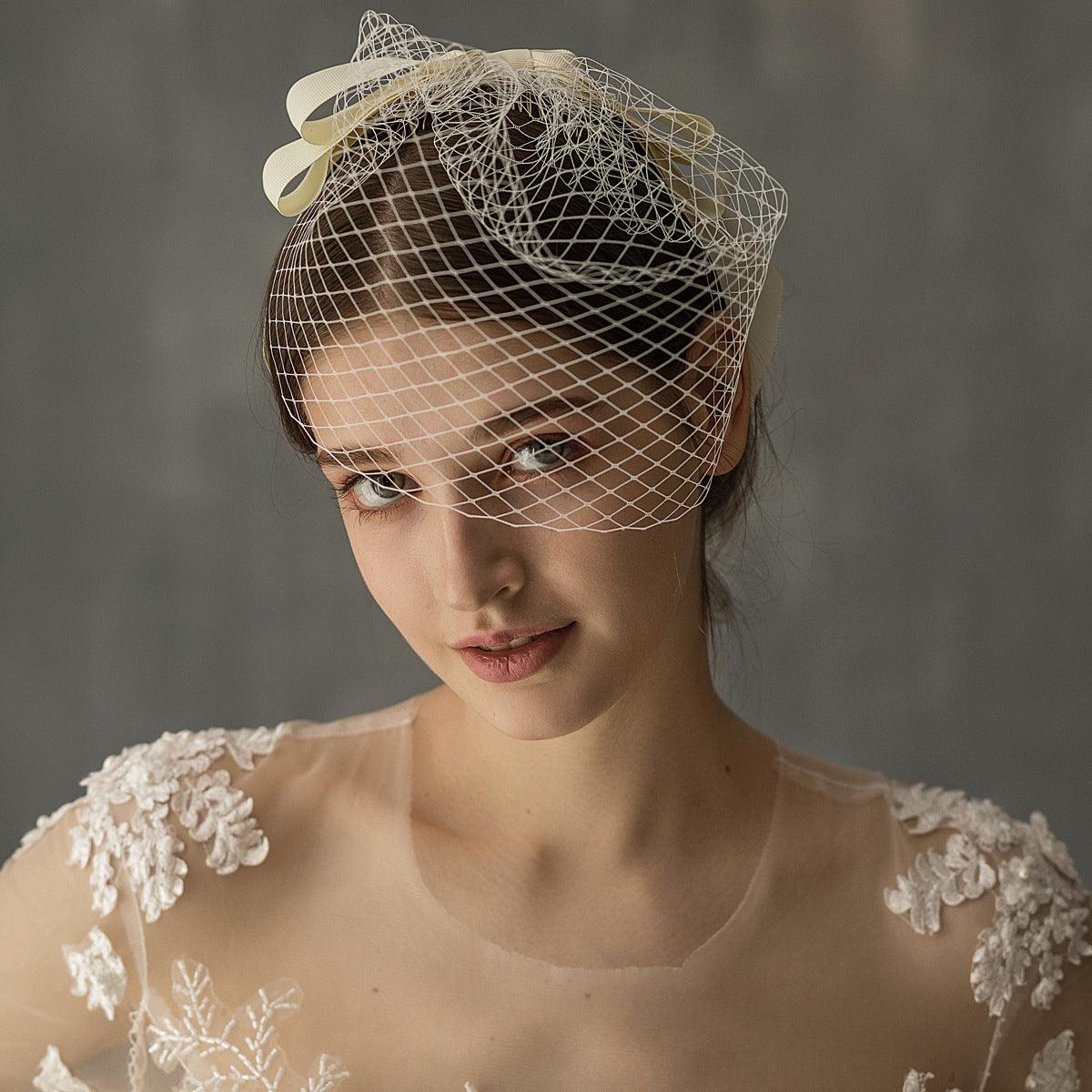 European And American White Mesh Bow Veil - Nioor