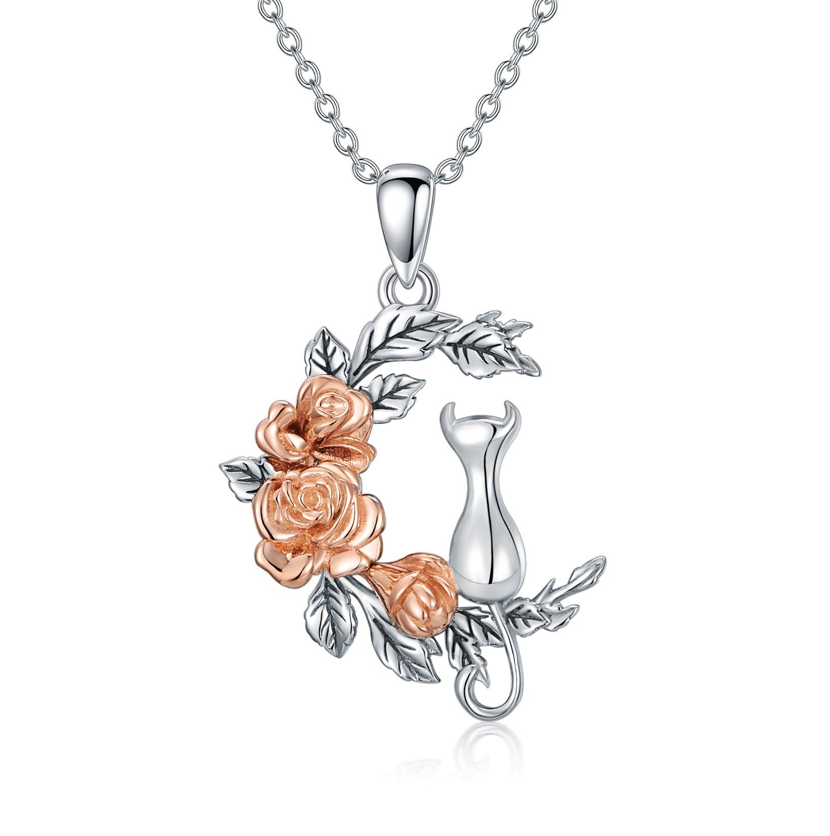 Cat Necklace Cat Rose Jewelry for Cat Lover Sterling Silver as Gifts for Women - Nioor