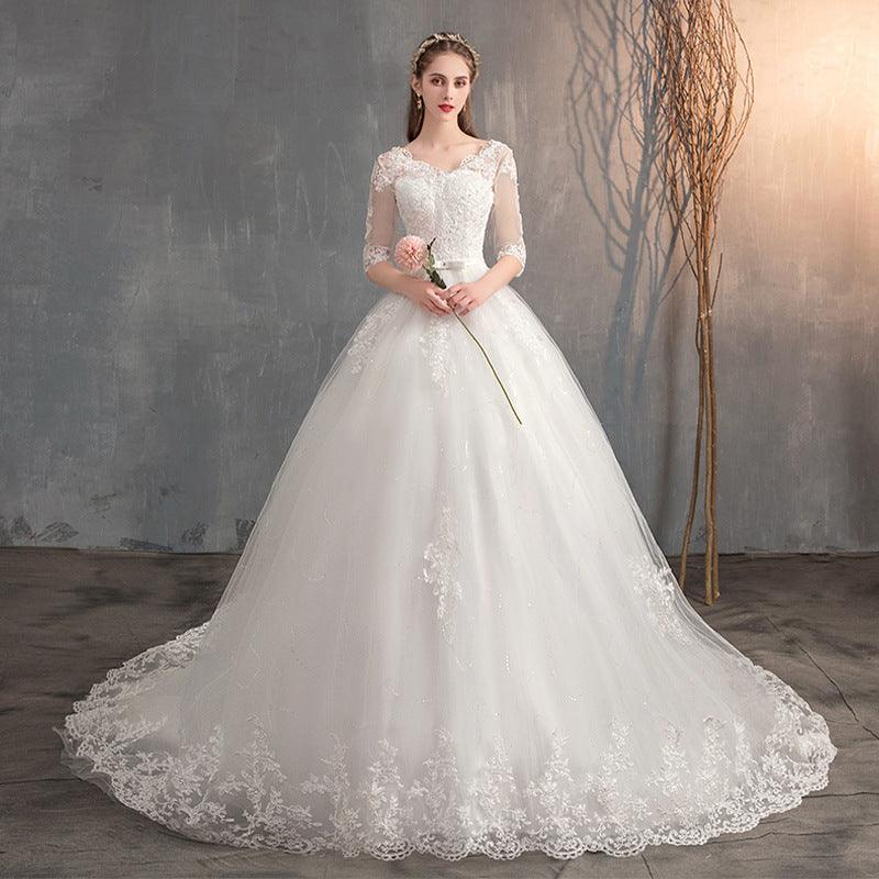 Wedding Dress Trailing Deep V Neck Lace High Waist Wedding Dress Long Sleeves - Nioor