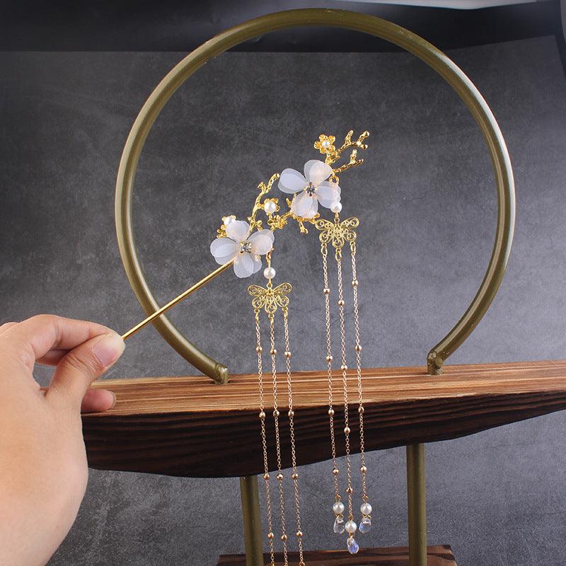 Ancient Style Hair Accessories Hanfu Plum Blossom Branch Tassel Hairpin White Flower Drill - Nioor