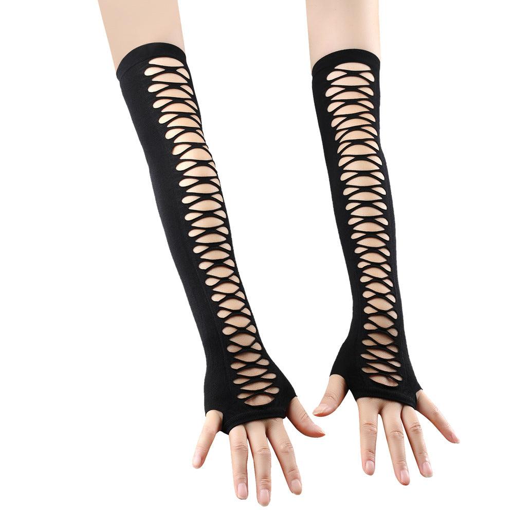 Mid-length Ripped Gloves Hollow Cross Mesh - Nioor