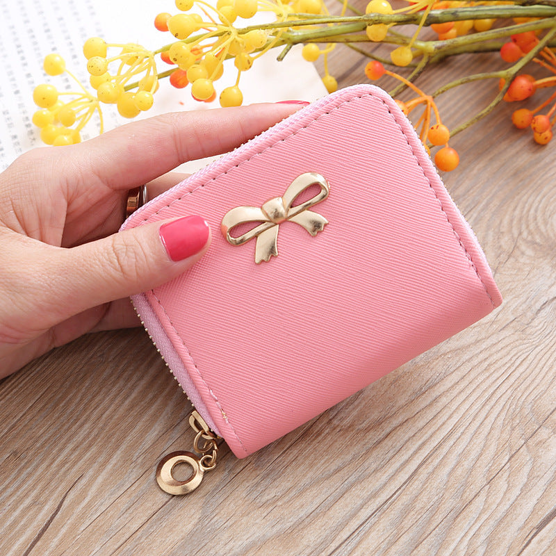 New Solid Color Bow Women's PU Leather Zipper Wallet