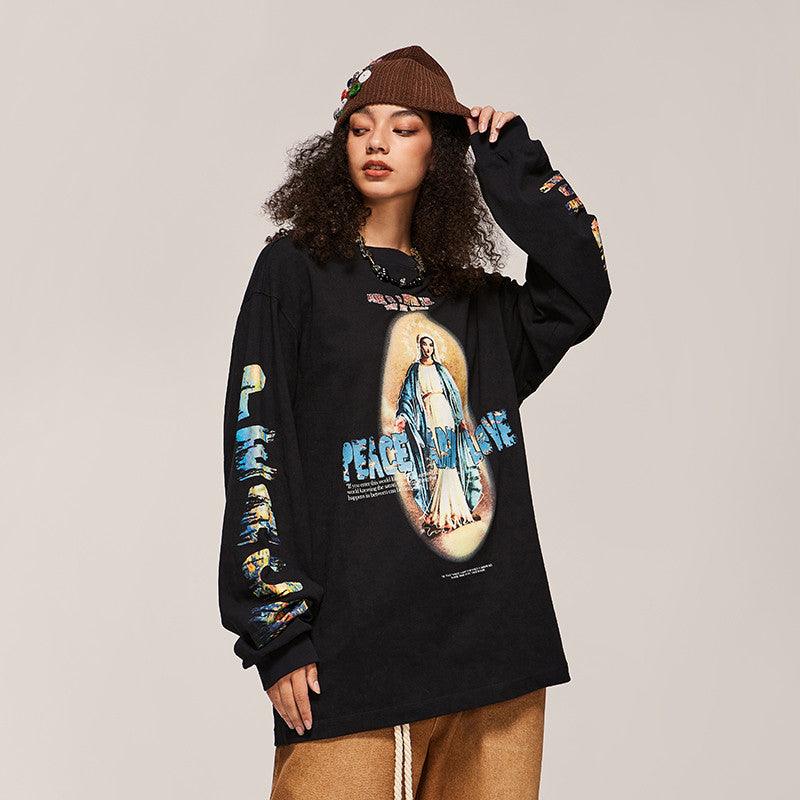 High Street Vintage Print Design Spring New Round Neck Sweater - Nioor