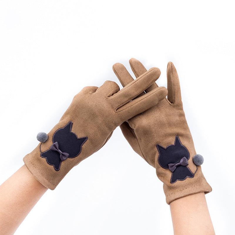 Autumn And Winter Embroidered Cat Touch Screen Gloves Suede Thickened Fleece-lined Riding Warm Gloves - Nioor