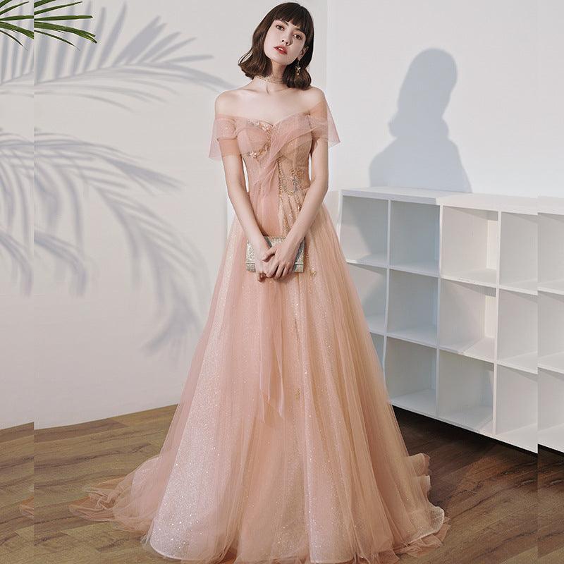 One Shoulder Slim Fairy Aura Light Gauze Bridesmaid Dress - Nioor