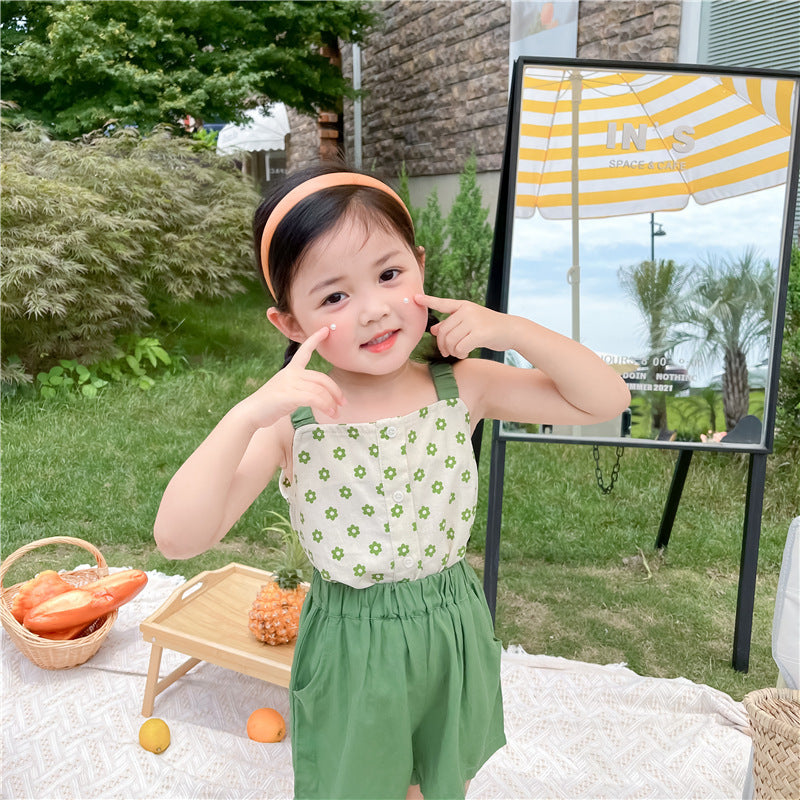 Green Flower Camisole Top And  Shorts Two-piece Suit