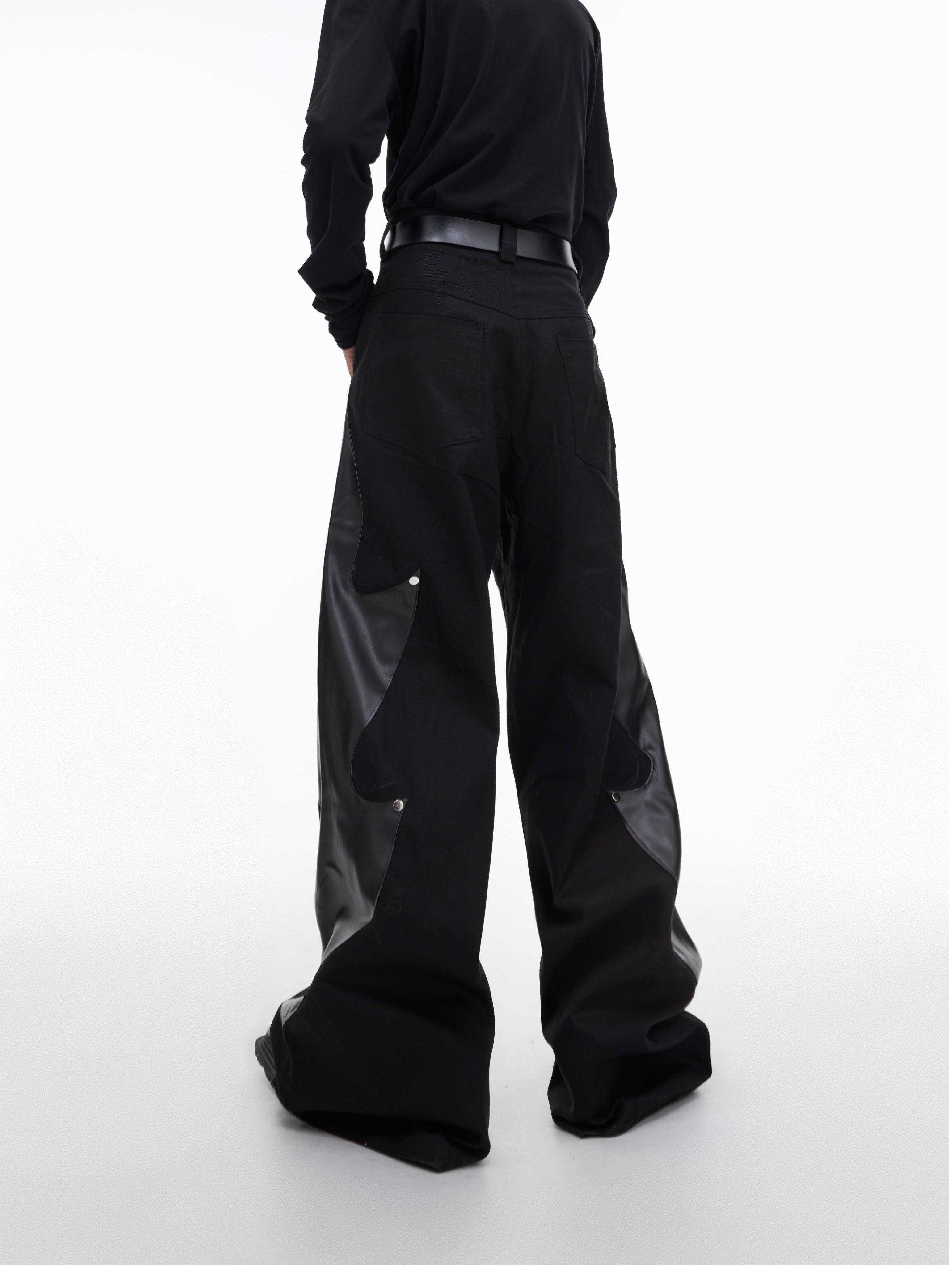 Niche Structured Leather Patchwork Flame Rivet Trousers