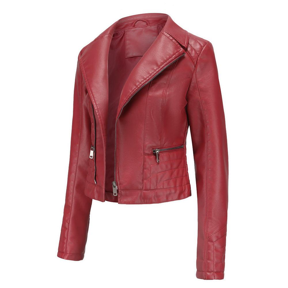 Womens Fashion Lapel Spring And Autumn Washed PU Leather Jacket - Nioor