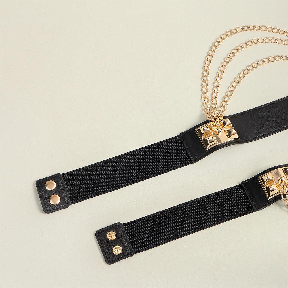 Punk Gold Rivet Chain Women's Belt Women's Elastic Stretch Wide Waist Corded Waist Black Slim Belt - Nioor