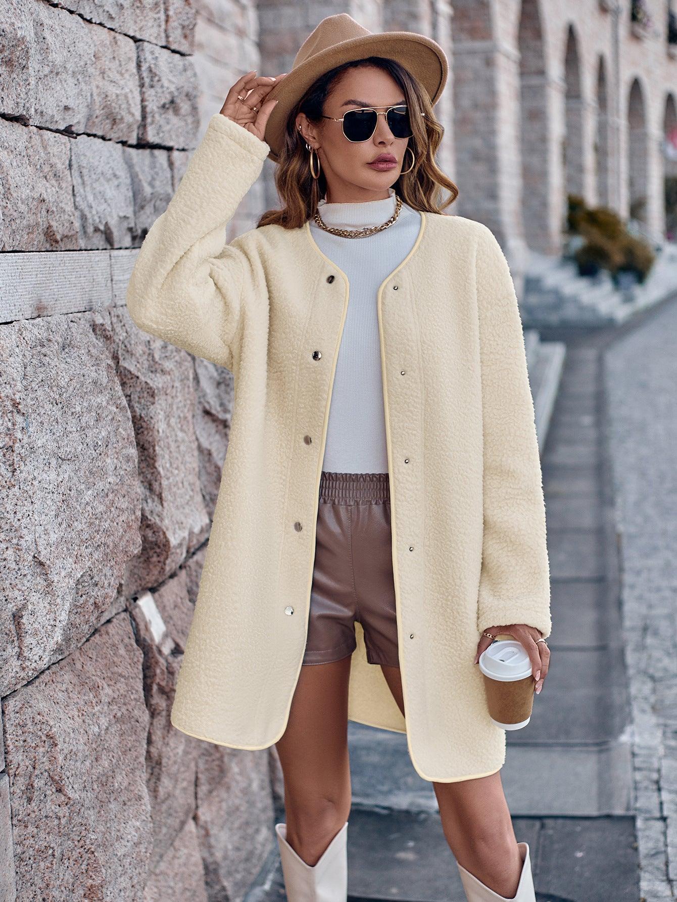 Thick Solid Color Round Neck Single-breasted Long Sleeve Coat - Nioor