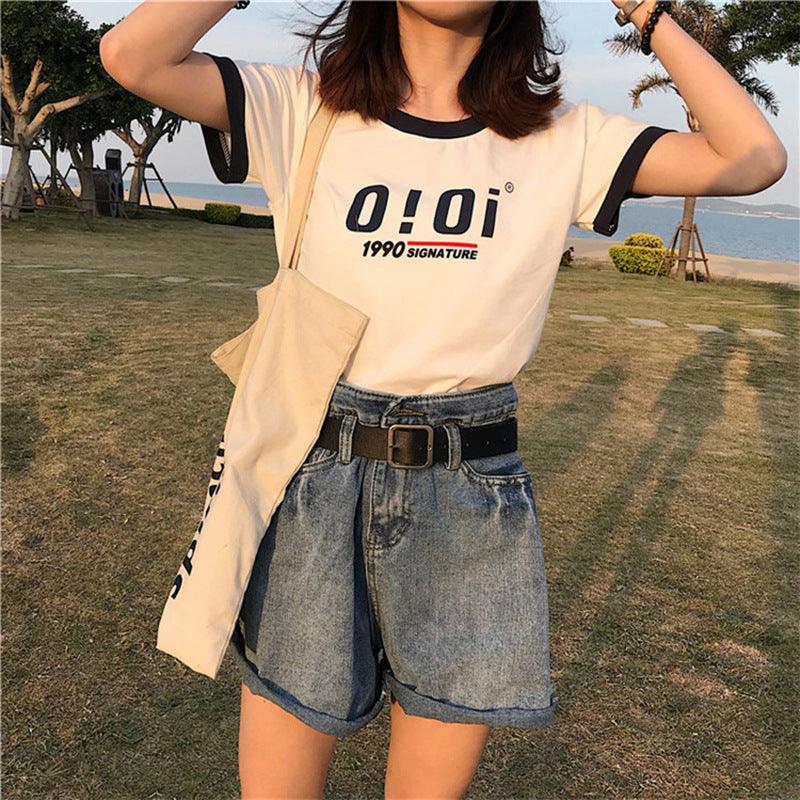 Letter Color Matching Short-sleeved T-shirt Summer Korean Style Slim-fit Student Top - Nioor