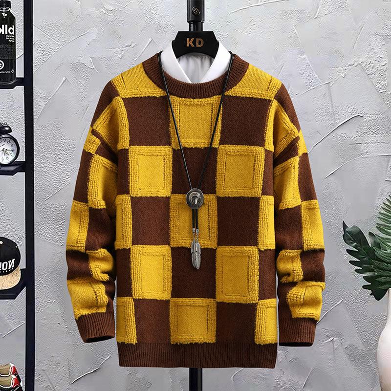 Men's Trendy Plaid Round Neck Sweater Loose - Nioor