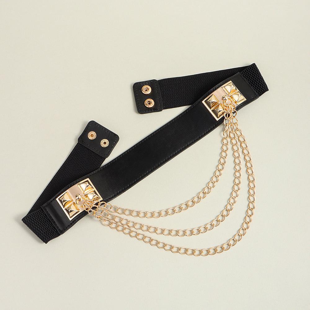 Punk Gold Rivet Chain Women's Belt Women's Elastic Stretch Wide Waist Corded Waist Black Slim Belt - Nioor