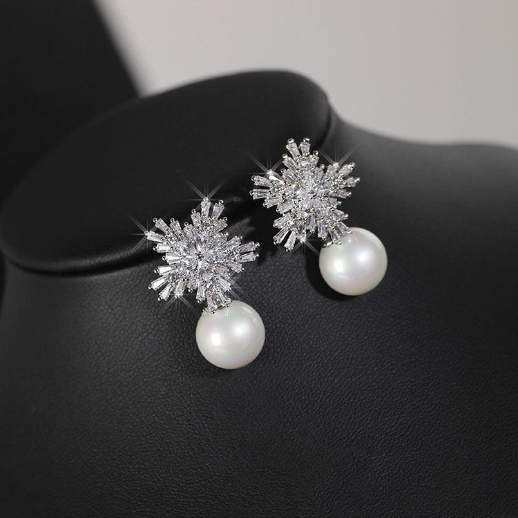 Korean temperament luxury high-grade pearl necklace earrings set with zircon jewelry micro all-match fashion bride - Nioor