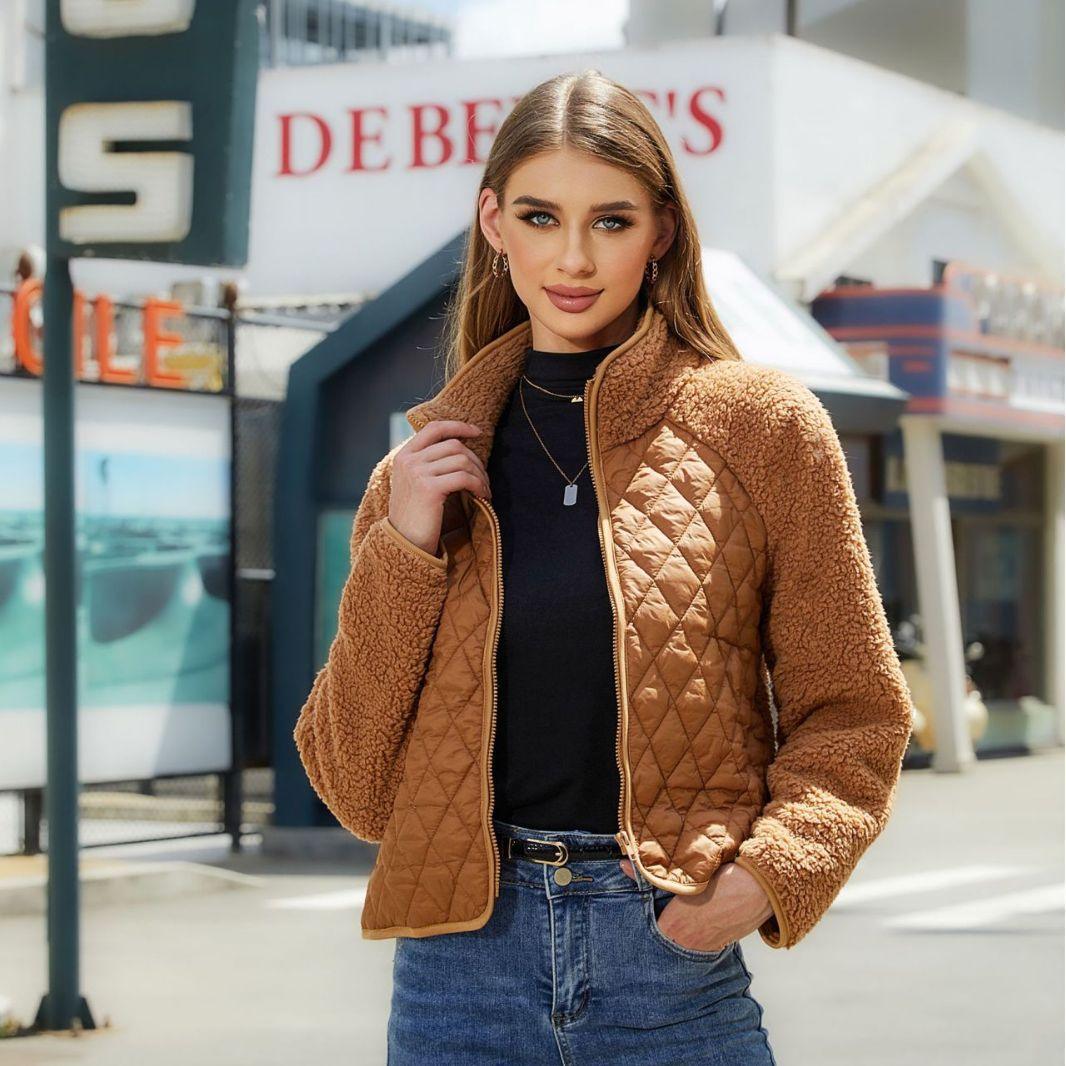 Women's Plush Jacket With Rhombus Stitching Design Clothing Fashion Winter Warm Lamb Lapel Zipper Short Coat Outwear - Nioor