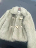 Green Horn Button Green Fur Short Plush Coat - Nioor