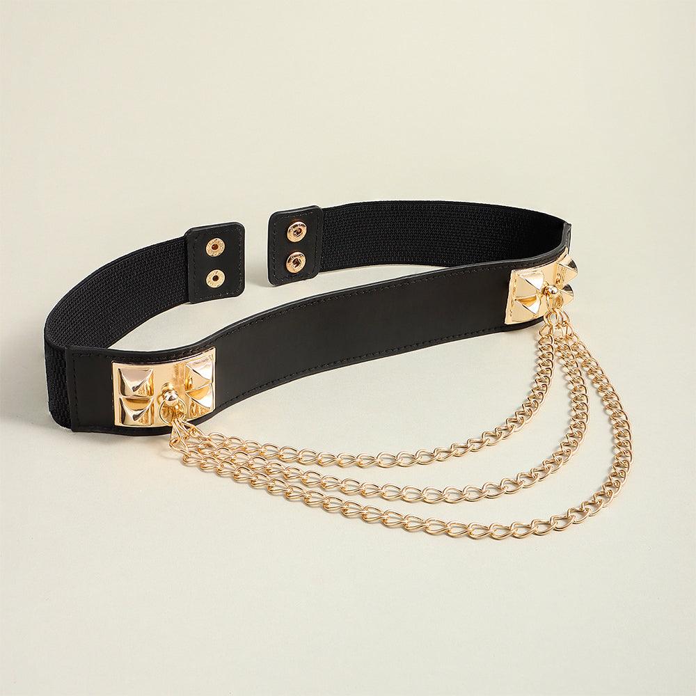 Punk Gold Rivet Chain Women's Belt Women's Elastic Stretch Wide Waist Corded Waist Black Slim Belt - Nioor