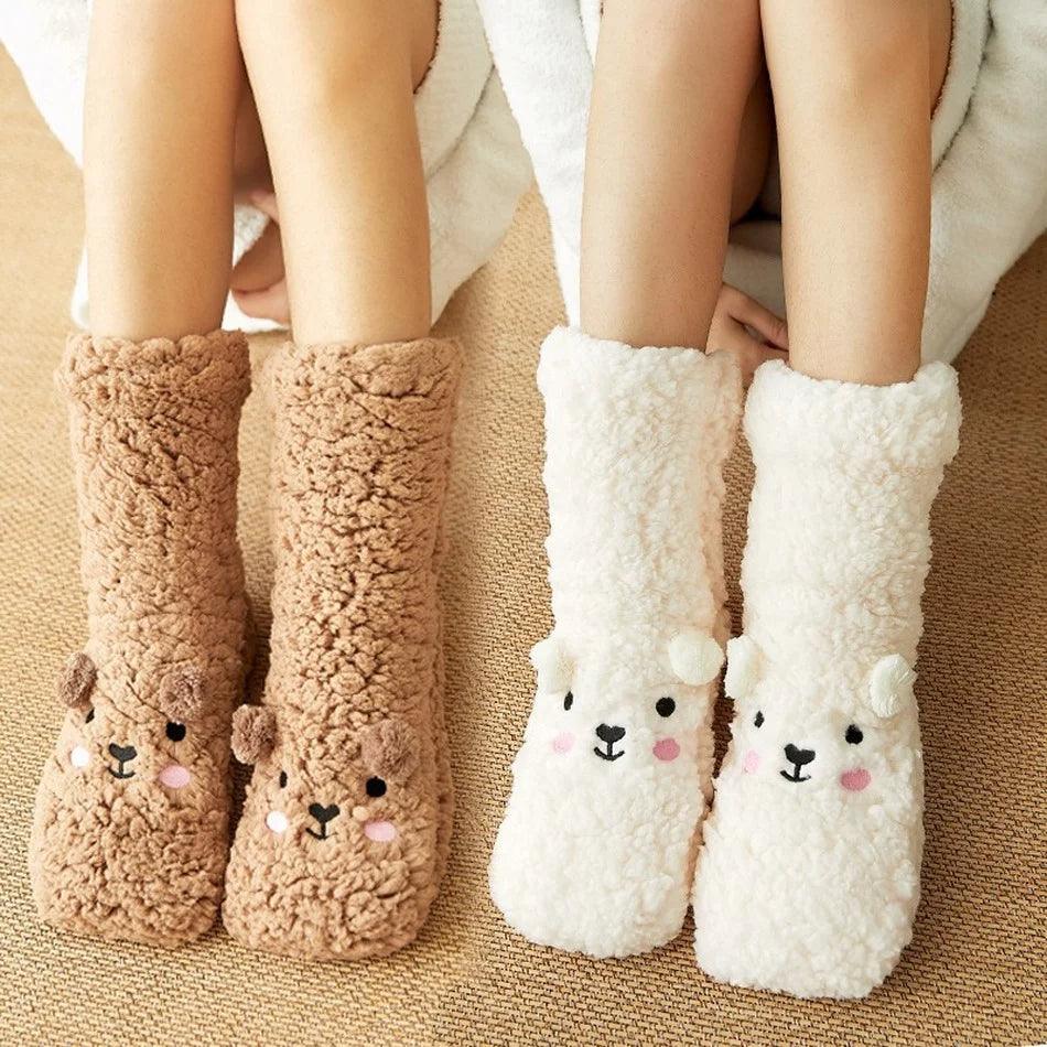 Cute Cartoon Bear Fuzzy Socks For Women, Comfortable Winter Soft Warm Slipper Socks, Casual Sleep Socks For Indoor Women's Fuzzy Socks Winter Warm Fluffy Soft Slipper Home Sleeping Cute Animal Socks - Nioor