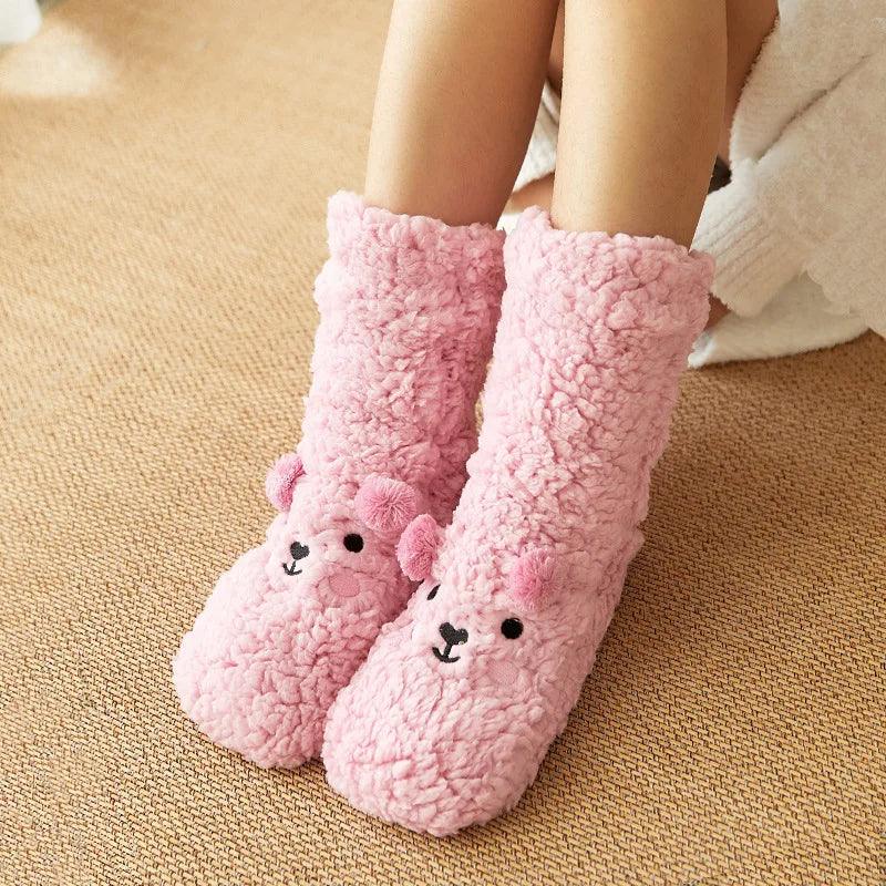 Cute Cartoon Bear Fuzzy Socks For Women, Comfortable Winter Soft Warm Slipper Socks, Casual Sleep Socks For Indoor Women's Fuzzy Socks Winter Warm Fluffy Soft Slipper Home Sleeping Cute Animal Socks - Nioor