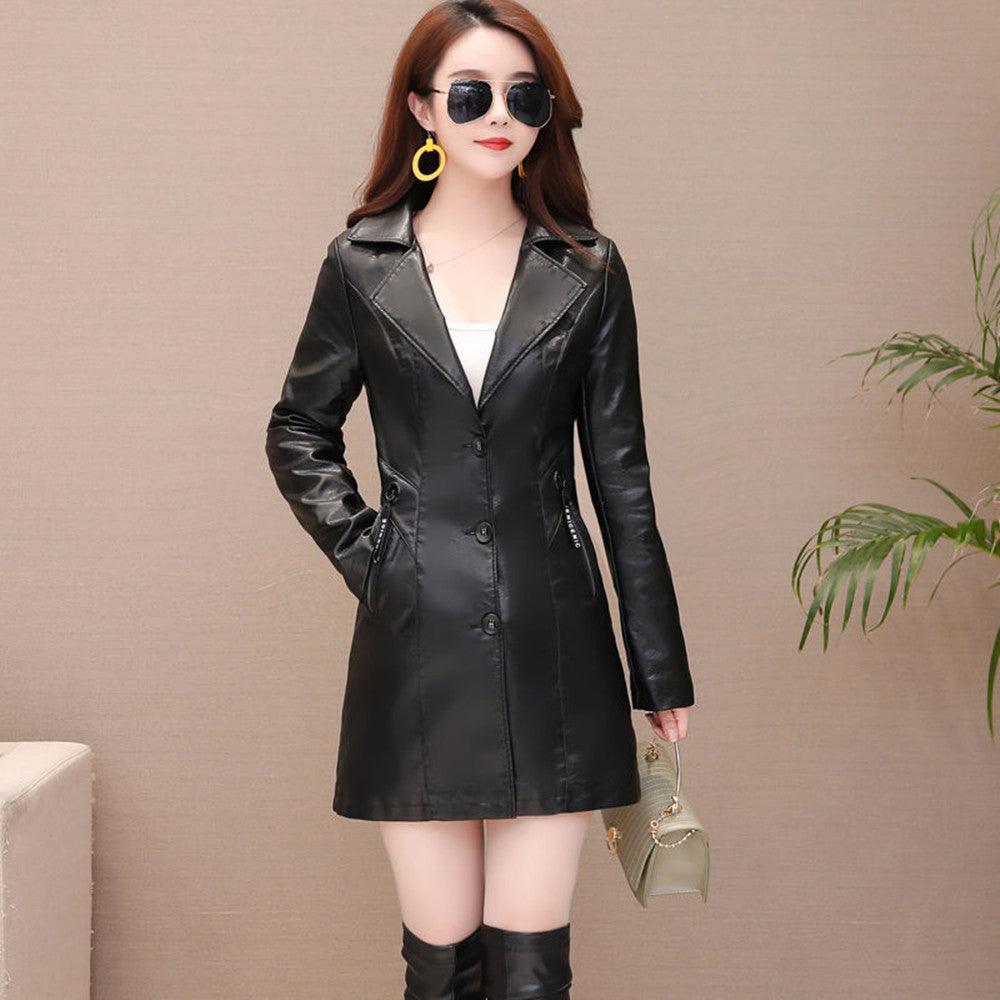 Women's Mid-length Leather Coat Thickened Cotton - Nioor