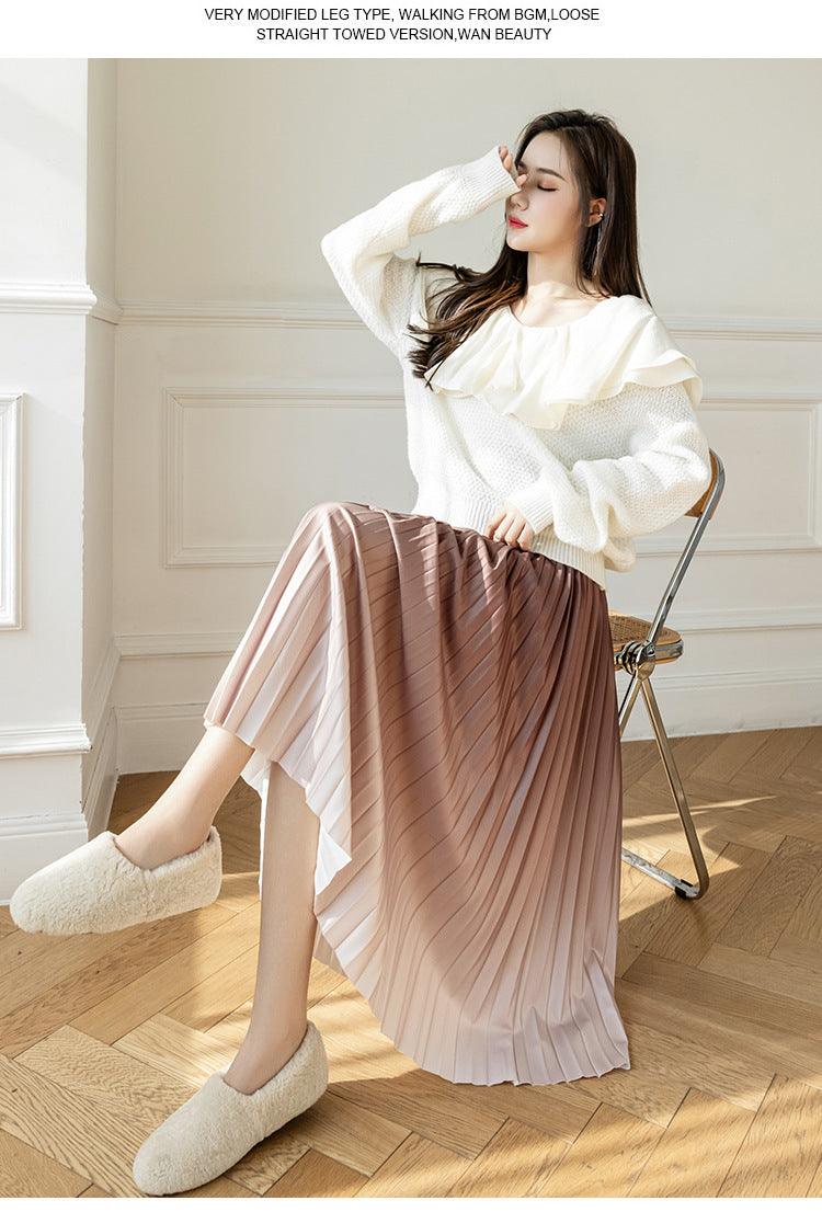 Niche Gradient Color Pleated High-grade Drape Mid-length Skirt - Nioor