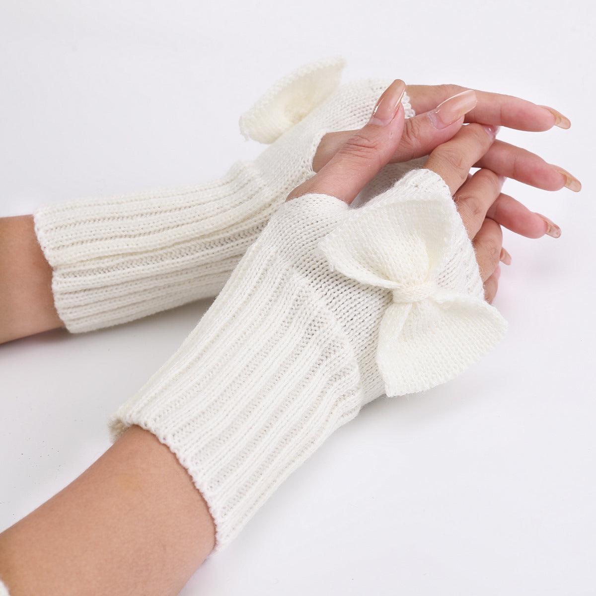 Bow Knitted Wool Keep Warm Half Finger Fingerless Gloves - Nioor