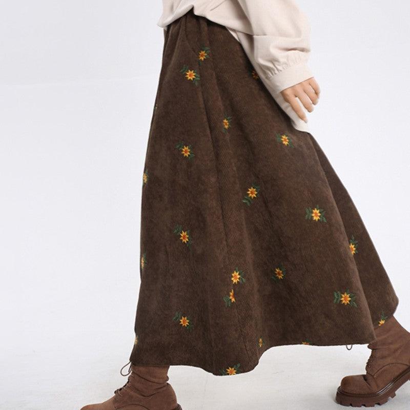 Women's Ancient Corduroy Embroidered Skirt Overknee Dress - Nioor