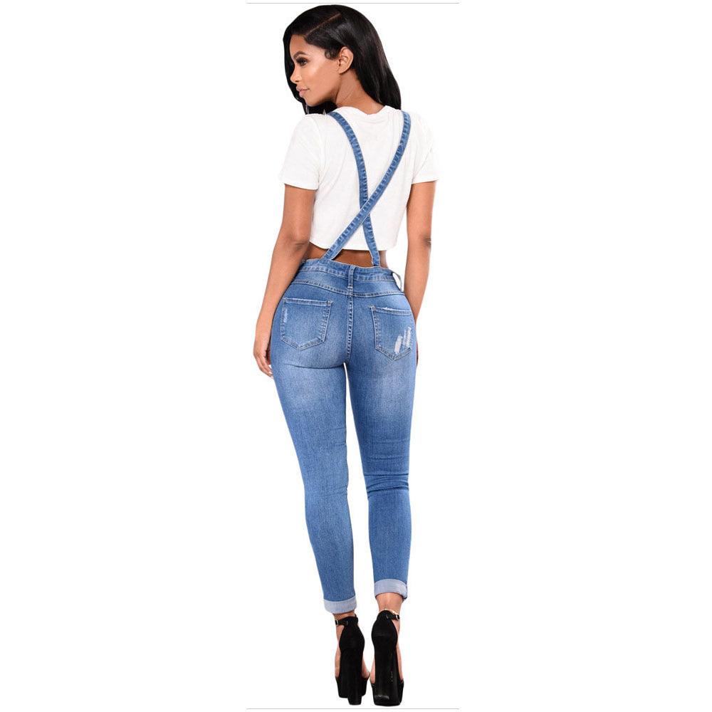 Women's Ripped Denim Suspender Pencil Pants - Nioor