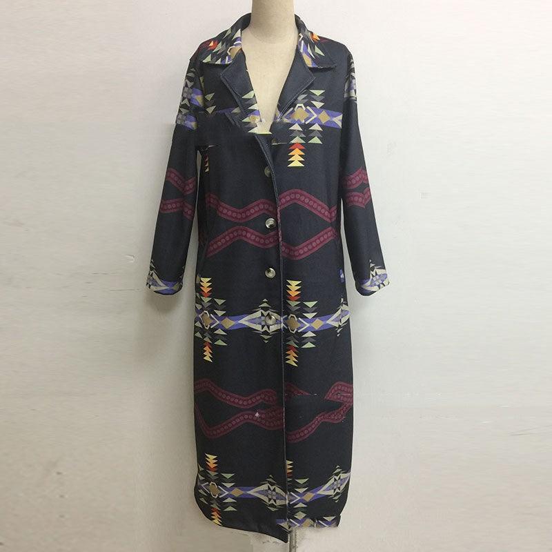 Fashion Printed British Style Lapel Long Trench Coat - Nioor