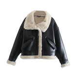 Trendy Biker Fleece Padded Faux Leather Jacket - Nioor