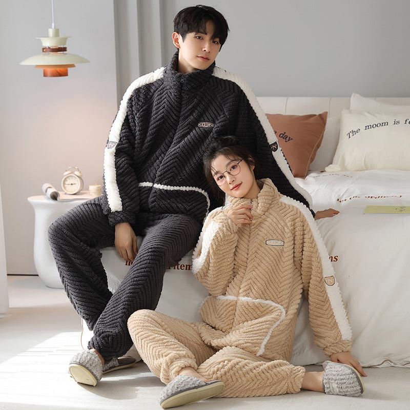 Flannel Couple Pajamas Men's Autumn And Winter Thickened Keep Warm New Zipper Cardigan Cute Coral Fleece Homewear - Nioor