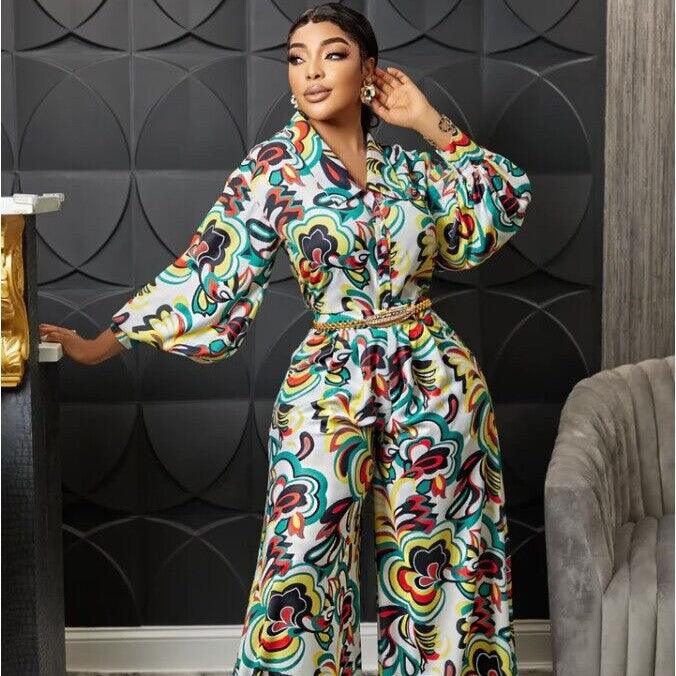 V-neck Printed High Waist Wide Leg Straight Jumpsuit - Nioor