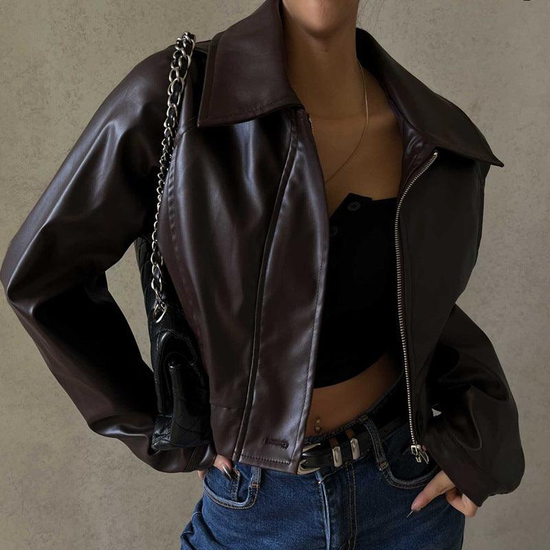 Elegant Retro Zipper PU Leather American Casual Jacket Coat - Nioor