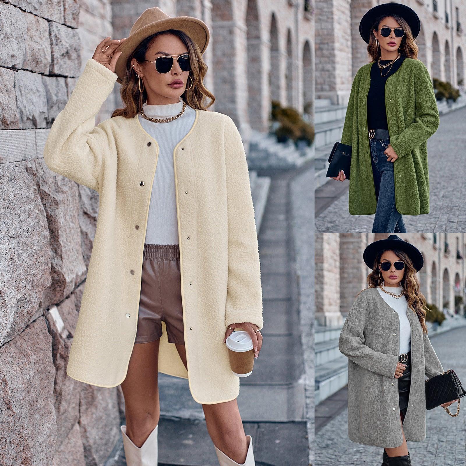 Thick Solid Color Round Neck Single-breasted Long Sleeve Coat - Nioor