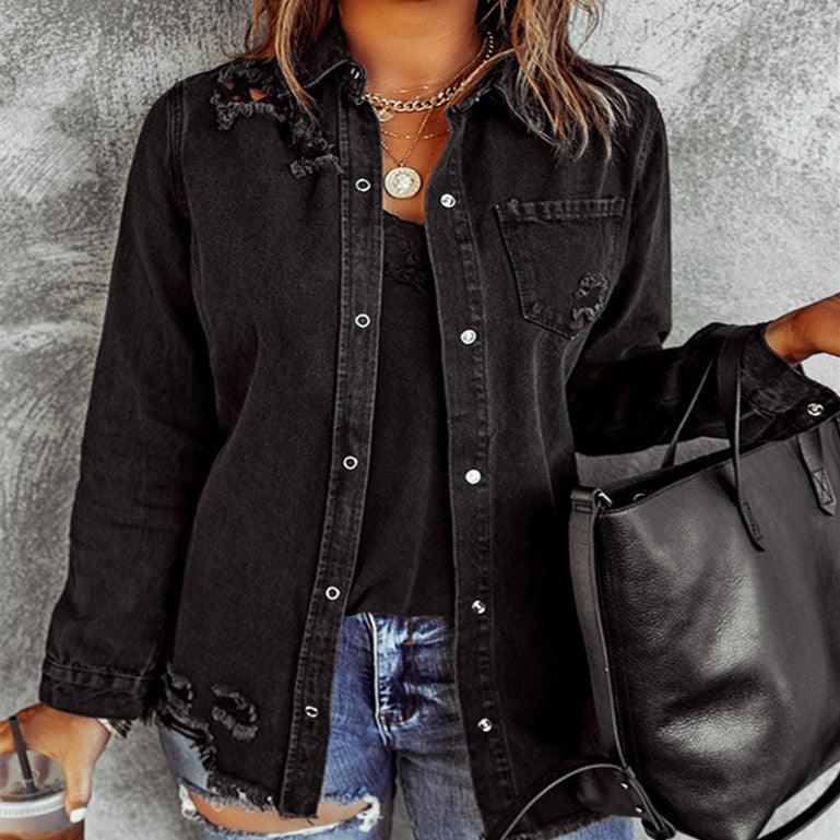 Black Ripped Shirt Denim Long Sleeve Coat Jacket Women - Nioor