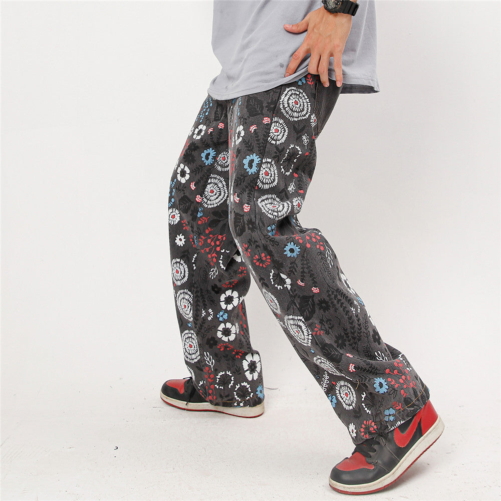 Fashion Printing Floral Doodle Printed Jeans For Men