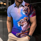 Polo Golf Shirt Animal Lion Pattern Printed Flanging Short Sleeve - Nioor