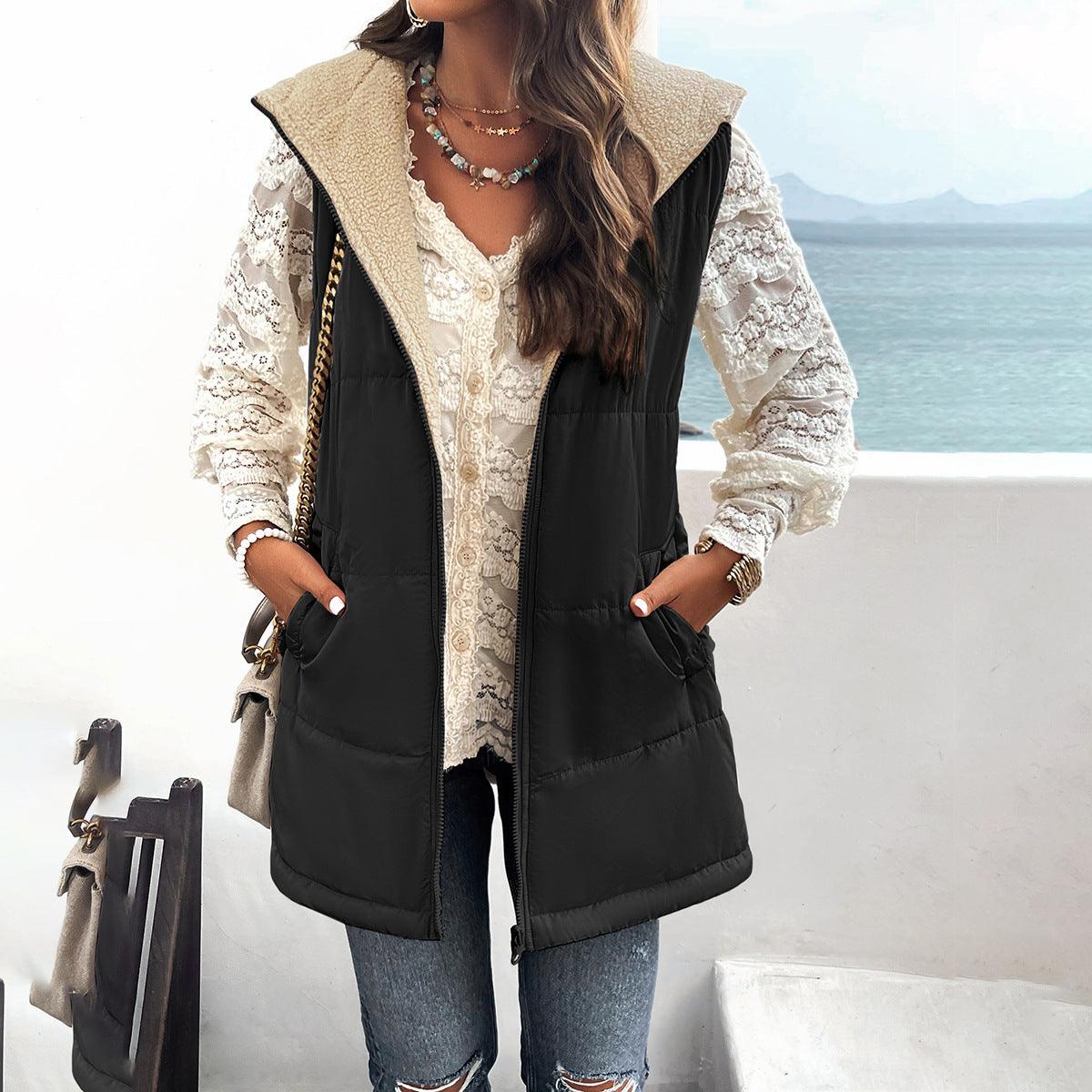 Winter Vest Women Loose Commuting Mid-length Hooded Cotton Jacket With Pockets Fashion Warm Zipper Fluffy Coat Outdoor Clothing - Nioor