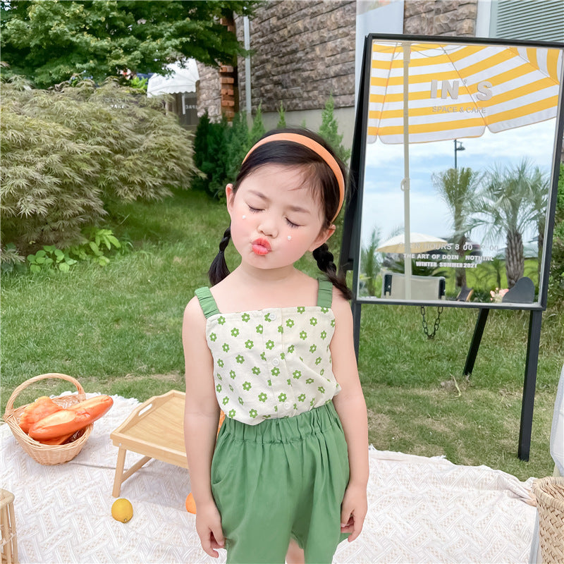 Green Flower Camisole Top And  Shorts Two-piece Suit