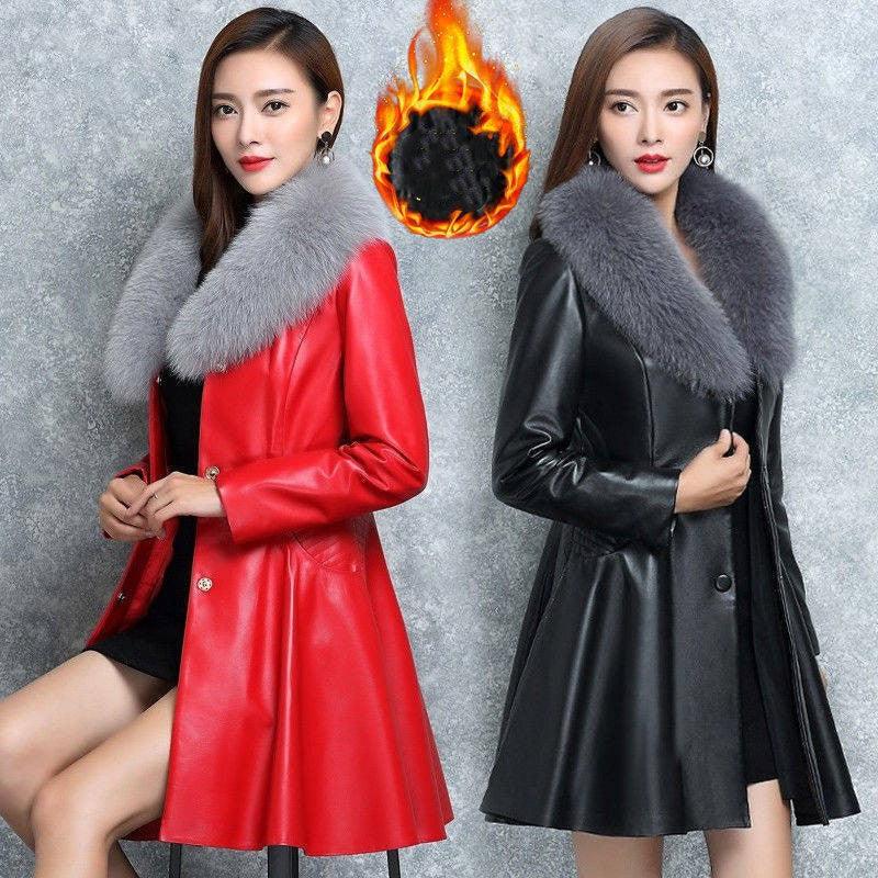 Women's Faux Fox Fur Collar Fur Coat - Nioor