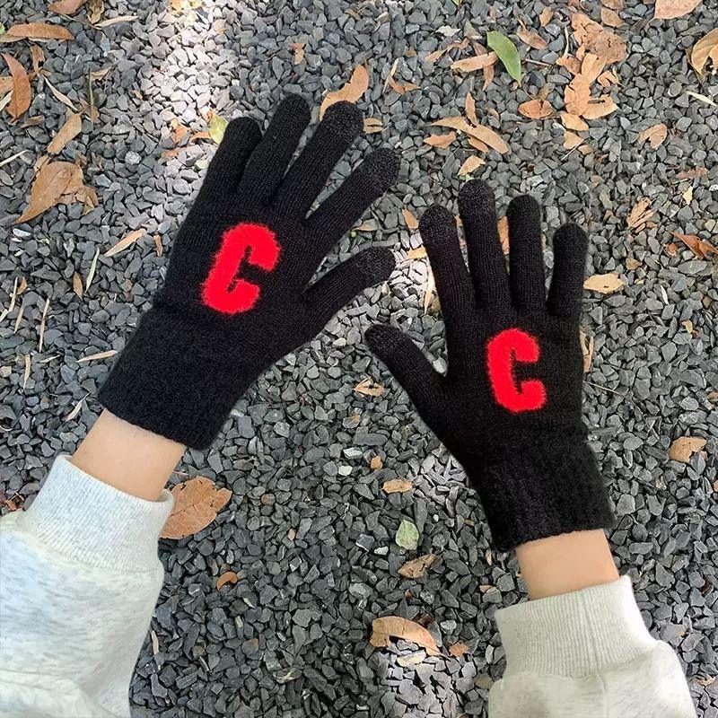 Candy Color Letter C Thick Cute Wool Knitted Warm Gloves - Nioor