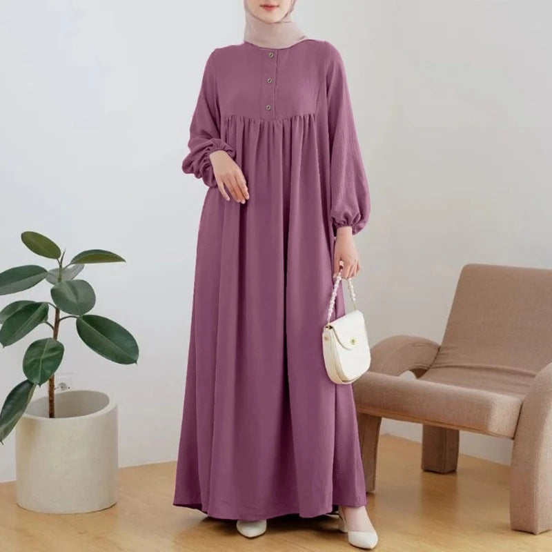 Muslim Robe Casual Lantern Sleeve Simple Solid Color Dress