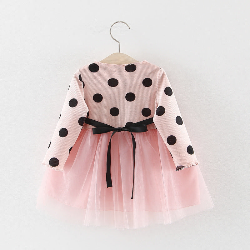 Baby Girl Long Sleeve Polka Dot Waist Flower Mesh  Princess Dress